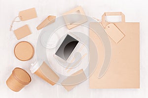 Set of cardboard package for different fast food for advertising, menu, banding identity - blank phone, bag, card, label, cup, box