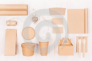 Set of cardboard package for different fast food for advertising, menu, banding identity - card, label, cup, box, packet, cutlery.