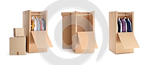 Set of cardboard wardrobe boxes on background