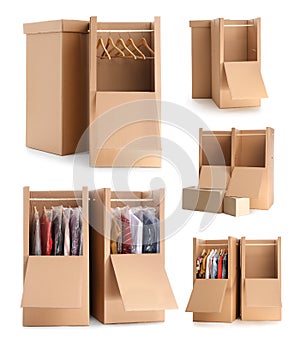 Set of cardboard wardrobe boxes on background