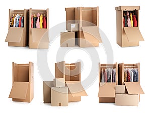 Set of cardboard wardrobe boxes on background