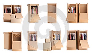 Set of cardboard wardrobe boxes on background