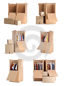 Set of cardboard wardrobe boxes on background. Banner design