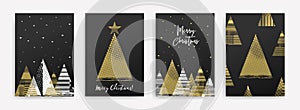 Set of cards with Christmas trees. White, black and gold colors