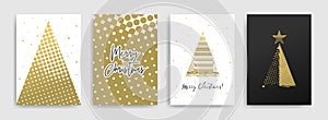 Set of cards with Christmas trees. White, black and gold colors