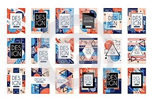 Set of cards with colorful bright abstract geometric design with place for text. Memphis style. Stylish greetings