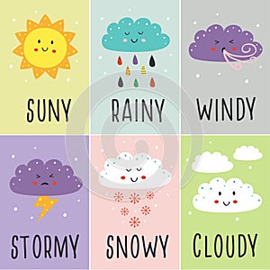 Set of cards with cute baby weather