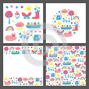 Set of cards with cute doodle seasonal spring icons.