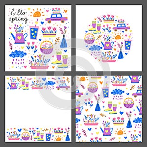 Set of cards with cute doodle seasonal spring icons.