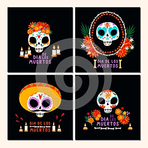 Set of cards for Dia de los Muertos withy skulls