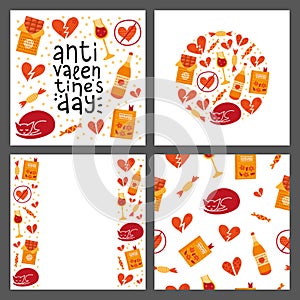 Set of cards with doodle anti Valentine's day icons.