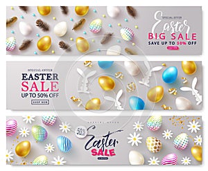 Set of cards Easter Sale. Backgrounds with eggs, feathers, Golden serpentine and chamomiles.Can be used for voucher