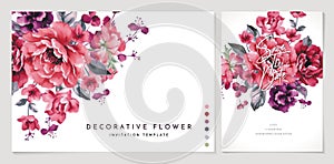 Set of cards with flowers peony or rose burgundy colors isolated white backgrounds, applicable for wedding invitation, greeting