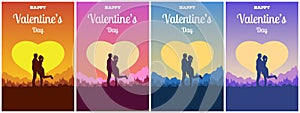 Set of cards for Happy Valentine`s Day with couple in love. A man and a woman embrace on a background of sunset landscape.