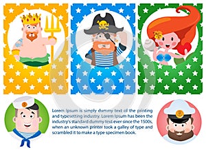 A set of cards with the image of Neptune, mermaids and pirate captain. Avatars with cartoon characters