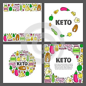 Set of cards with lettering and doodle colored keto diet foods.