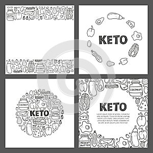 Set of cards with lettering and doodle outline keto diet foods.