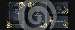 Set of cards with line art floral decoration. Wedding invitation template design of luxury gold tropical leaves and black
