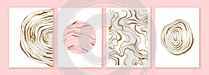 Set of cards with luxury gold marble texture, geodes, abstract landscape. Curly modern line art design. Stone crack photo