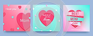 Set of cards for Mother s Day with pink hearts on a gradient background.Vector heart shaped love symbols for Happy
