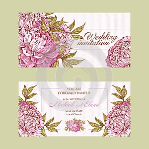 Set of cards with peony flower, leaves. The concept of wedding decorations. Flower poster, invite. Vector decorative greeting card
