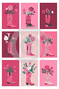 Set of cards or posters with bouquets of flowers in cowboy boots. Vector graphics