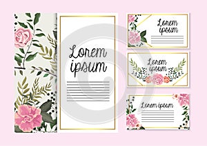 Set cards with roses plants with branches leaves