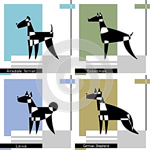 Set of cards with the stylized dog breeds of Airedale Terrier, Doberman, Laika and German Shepherd. Vector