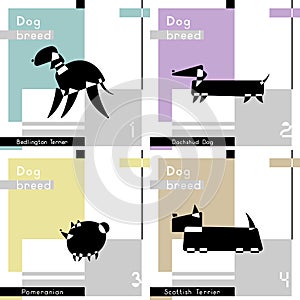 Set of cards with the stylized dog breeds. Bedlington Terrier, Dachshud Dog, Scottish Terrier and Pomeranian.