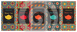 Set of cards or tea package with ethnic ornaments. Oriental indian style. Hand-drawn patterns with round elements.