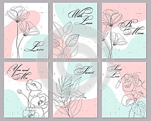 A set of cards for the wedding and Valentine\'s Day. Line drawings of flowers and calligraphy. Quotes about love.