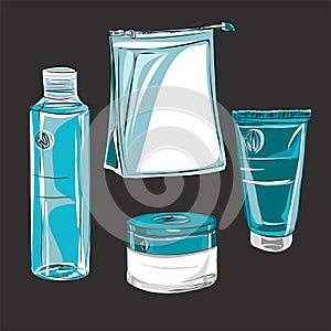 A set of care cosmetics. Isolated vector images for advertising a beauty salon, cosmetics store. Cream, toner, moisturizing serum