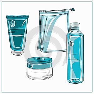 A set of care cosmetics. Isolated vector images for advertising a beauty salon, cosmetics store. Cream, toner, moisturizing serum