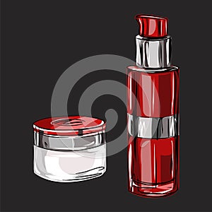 A set of care cosmetics. Isolated vector images for advertising a beauty salon, cosmetics store. Cream, toner, moisturizing serum