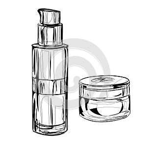 A set of care cosmetics. Isolated vector images for advertising a beauty salon, cosmetics store. Cream, toner, moisturizing serum