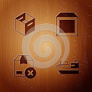 Set Cargo ship with boxes delivery, Carton cardboard, and on wooden background. Vector