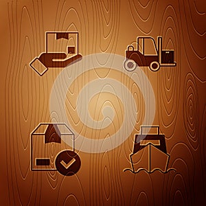 Set Cargo ship with boxes delivery, Delivery hand, ackage check mark and Forklift truck on wooden background. Vector