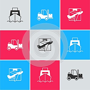 Set Cargo ship with boxes delivery, Forklift truck and Plane and cardboard icon. Vector
