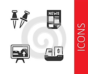 Set Cargo ship with boxes delivery, Push pin, Monitor graph chart and News icon. Vector