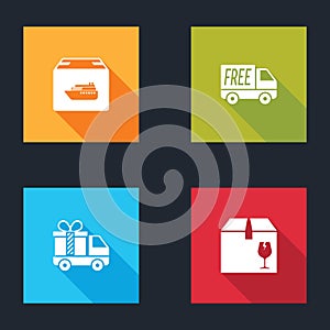 Set Cargo ship with boxes, Free delivery service, Delivery truck gift and fragile content icon. Vector