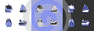 Set Cargo ship, Tsunami, Yacht sailboat and icon. Vector