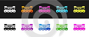 Set Cargo train wagon icon isolated on black and white background. Freight car. Railroad transportation. Vector