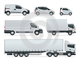 Set of cargo trucks side view. Delivery Vehicles . Cargo Truck and Van. Vector illustration.