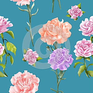 Set of carnations flower watercolor style vector illustration  seamless background on ocean color