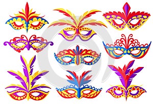 Set of carnival face masks. Masks for party decoration or masquerade. Colored mask with feathers. Vector illustration isolated on
