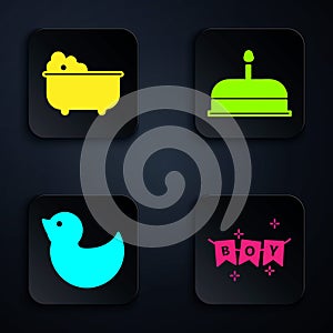Set Carnival garland with flags, Baby bathtub, Rubber duck and Cake with burning candles. Black square button. Vector