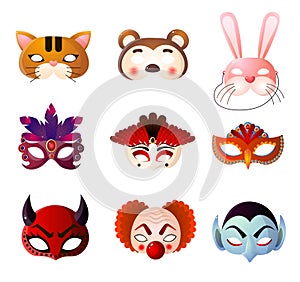 Set of carnival, halloween and animals masks isolated on white background