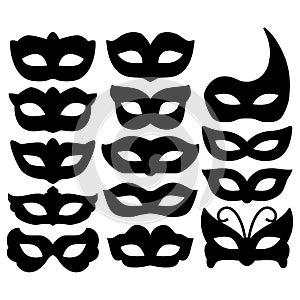 Set of carnival mask silhouettes isolated on white. Collection festive mask icons symbols. Decorations for masquerade, parties and