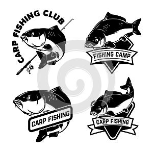 Set of carp fishing emblems in monochrome style. Carp fish logo, label, sign, poster, badge