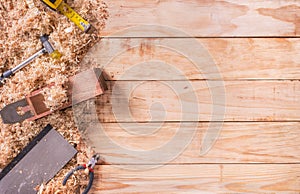 Set of Carpenter plane on wooden background with copy space photo